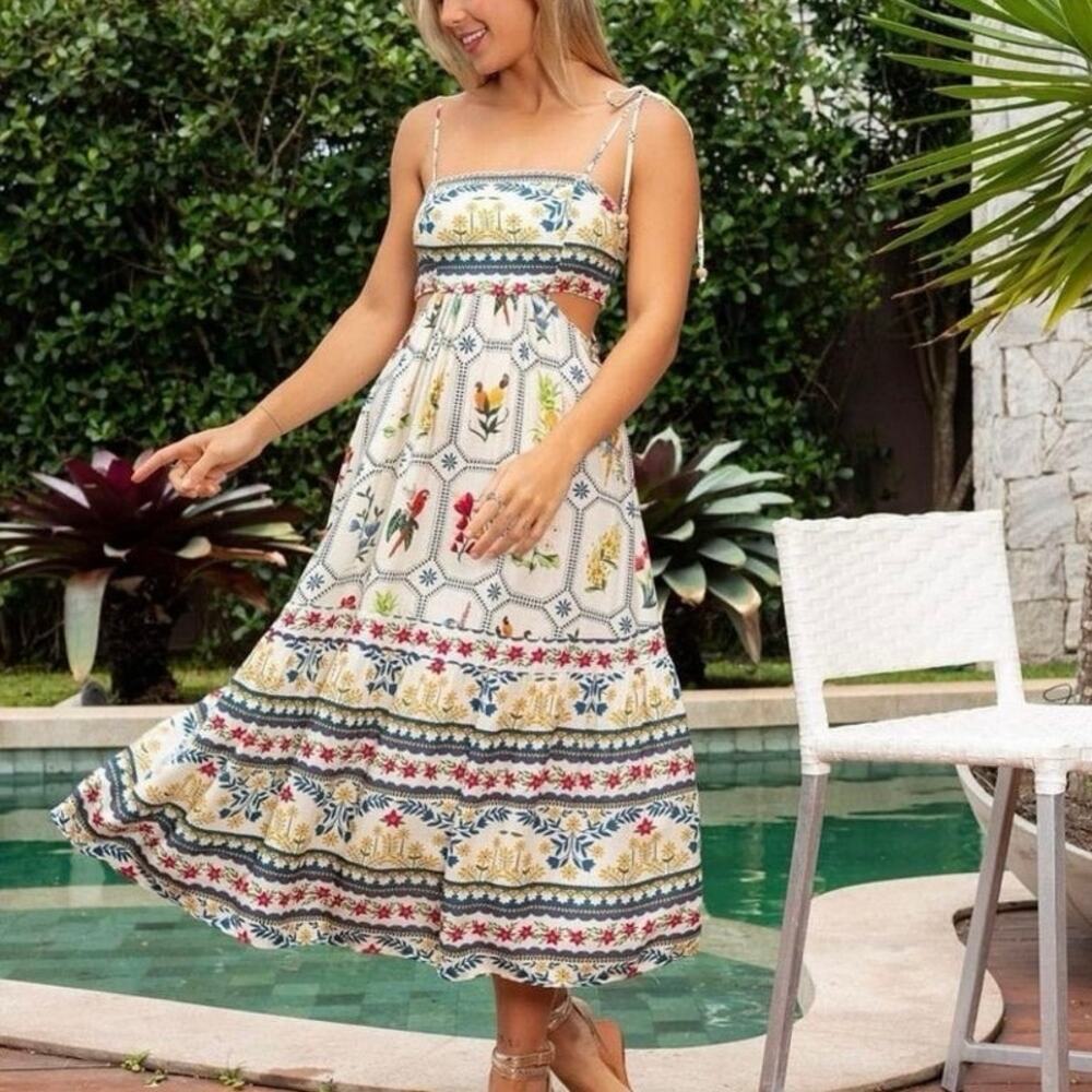 🌺 RARE Farm Rio Floral Cutout Embroidered Midi Dress Medium NWT